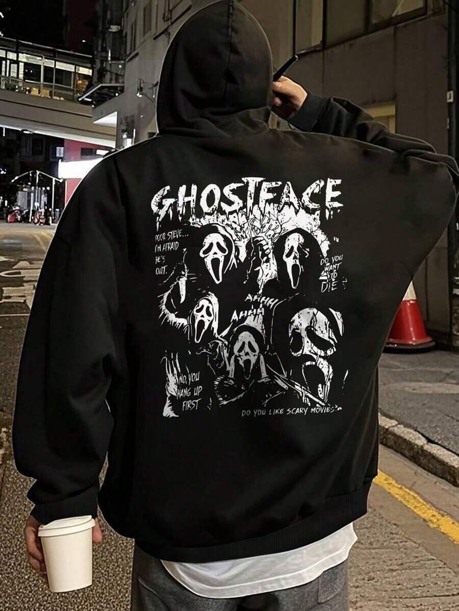 Check Out This Mens Hoodie! It's 100% Polyester, Made In China, Breathable And Comfy-Ideal For Daily Wear. The Back Has "GHOSTFACE" Text Plus Its Iconic Horror Mask Graphic, Feeling Like Vintage 90s Scr,Fall Hoodies,Men's Fall Clothes,Street Wear,Halloween,Mens Hoodies,Y2k Clothes,Jesus Hoodie,Thanksgiving Day,Nightmare Before Christmas,Christmas - Black - View 1
