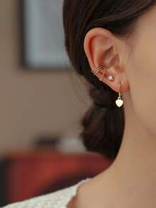 Tkool 3pcs/Set Heart Shaped Copper Alloy Ear Cuff Earrings, Simple Design Earring Set For Women - Yellow Gold - View 1