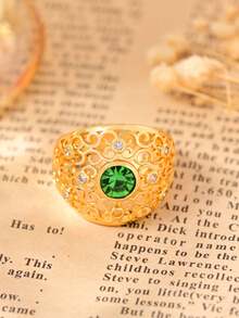 Anel vintage de cobre com zircônia sintética e design geométrico clássico, em tom dourado, joia de luxo para mulheres, perfeito para casamentos, banquetes e celebrações do Ramadã, acessório para todas as estações, joia vintage.