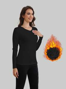 Women's Thermal Underwear V-Neck Long Sleeve Thermal Lined Autumn/Winter Base Layer Top, Warm Sleepwear - Black - View 6