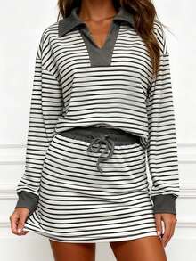 Women's Two Piece Outfit Fashionable Long Sleeve V Neck Striped Tops And Drawstring Skirt Set - Black - View 5