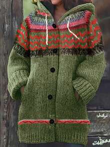 Autumn/Winter European Style Elegant Fashion Mature Daily Versatile Plus Size Women's Jacket, Contrast Color Long Sleeve Hooded Plus Size Cardigan - Army Green - View 2