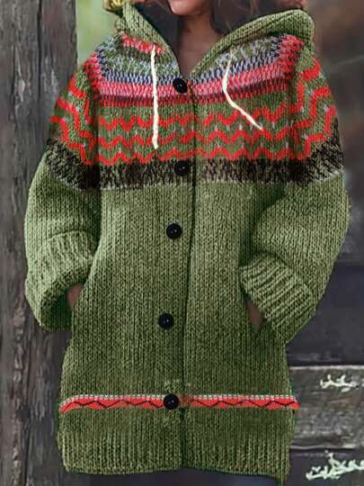 Autumn/Winter European Style Elegant Fashion Mature Daily Versatile Plus Size Women's Jacket, Contrast Color Long Sleeve Hooded Plus Size Cardigan