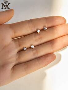 1 Pair 925 Sterling Silver Minimalist Round Cubic Zirconia Stud Earrings, Suitable For Daily Wear