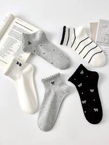 5 Pairs Women's Cute Breathable Striped Bow Polka Dot Pattern Short Invisible Socks, Ankle Socks Crew Socks, White Socks, Black Socks For Daily & Casual Wear, Suitable For Fall&Winter, For All Seasons