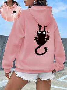 大码女式学院风黑色猫咪口袋图案卫衣，休闲长袖卫衣，适合春、夏、秋季穿着，也适合万圣节外出穿着。 - 粉色 - 查看 2