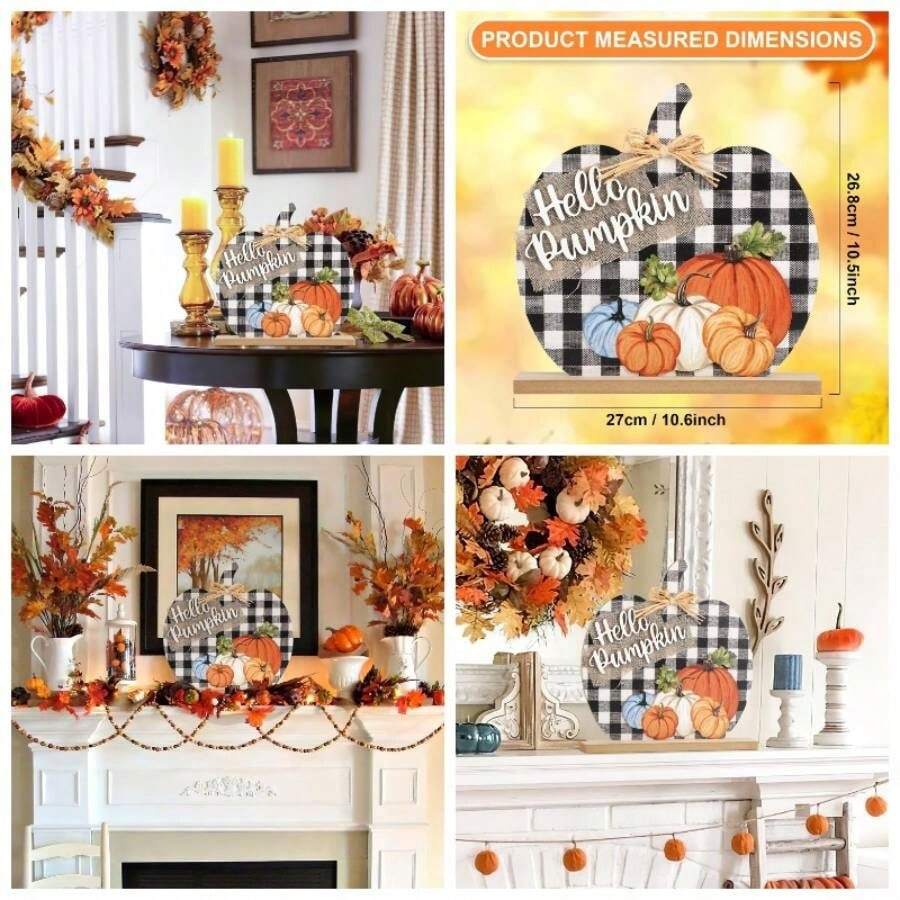 3 Pcs Fall Pumpkin Decor Wooden Table Sign Thankful Grateful Tabletop Autumn Farmhouse Vintage Thanksgiving Harvest Party Rustic Home Room Table Shelf Halloween Decorations
