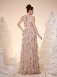 Mgiacy,New Arrival,Romantic Women's Sleeveless Halter Sequin Gown Long Flared Prom Dress With Belt Tie Back And Zipper Details Elegant And Glamorous Non-Stretch Evening Wear