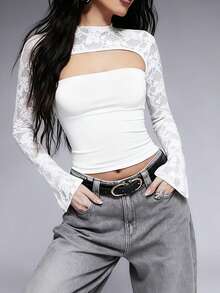 Women's Long Sleeve Tops Slim Fit Stylish Solid Hollow Out Lace Patchwork Long Sleeve T-Shirt For FallSpring - 白色 - 查看 6