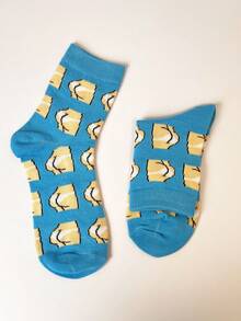 2 Pairs Blue Funny Socks, Cartoon Breathable Mid-Calf Socks, Unique Design For Women, Autumn/Winter