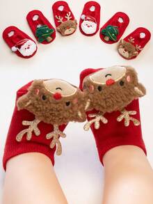 1 Pair Children's Christmas Series Socks, Red Non-Slip Dot Toddler Socks With Santa Claus, Christmas Tree, Christmas Star Patterns, Skin-Friendly Breathable Soft, Available In Boat Socks Or Floor Socks, Suitable For New Year Celebration Gatherings And Parties - Multicolor - View 4