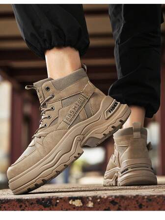 Men's High-Top Canvas Thick Sole Fashion Boots, Casual Lace-Up Ankle Boots, & Versatile, Comfortable Men's Shoes For Leisure & Outdoor