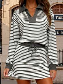 Women's Two Piece Outfit Fashionable Long Sleeve V Neck Striped Tops And Drawstring Skirt Set - Black - View 4