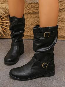 بوت نسائية موضة، بوت كاحل مطوية قابلة للانزلاق، بوت كاحل نسائية ذات كعب مسطح بإبزيم بطراز غربي، لون أحادي، للعطلات