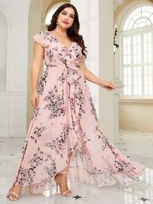 UNITHORSE Non-Positioning Flower V-Neck Ruffle Collar Detachable Tie Asymmetrical Ruffle Hem Printed Bridesmaid Dress - Baby Pink - View 6