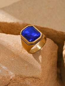 1pc Stainless Steel 18K Gold Plated Inlaid Large Rectangular Cubic Zirconia Engraved Business Style Men's Rings Gift Jewelry