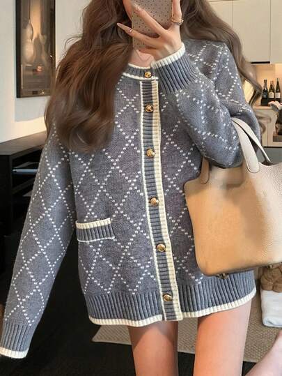 Alicedudu Women's Vintage Style Casual Loose Knit Cardigan Sweater With Diamond Pattern, Autumn/Winter