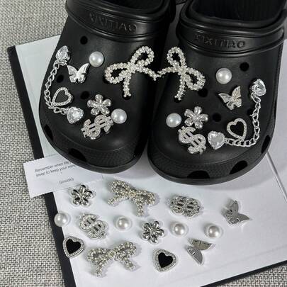 16 Silver Heart-Shaped Chain Shoes Charm, Sparkling Rhinestone Bow Dollar Shoe Decoration, DIY Detachable Artificial Bead Shoe Accessories, Mutlifunction Flower Butterfly Shoe Clip Decoration Women's Sandals And Slippers, Birthday Party Gifts