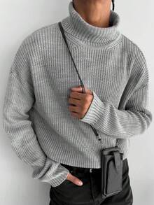 男士老錢風高領長袖毛衣 - 灰色 - 查看 3