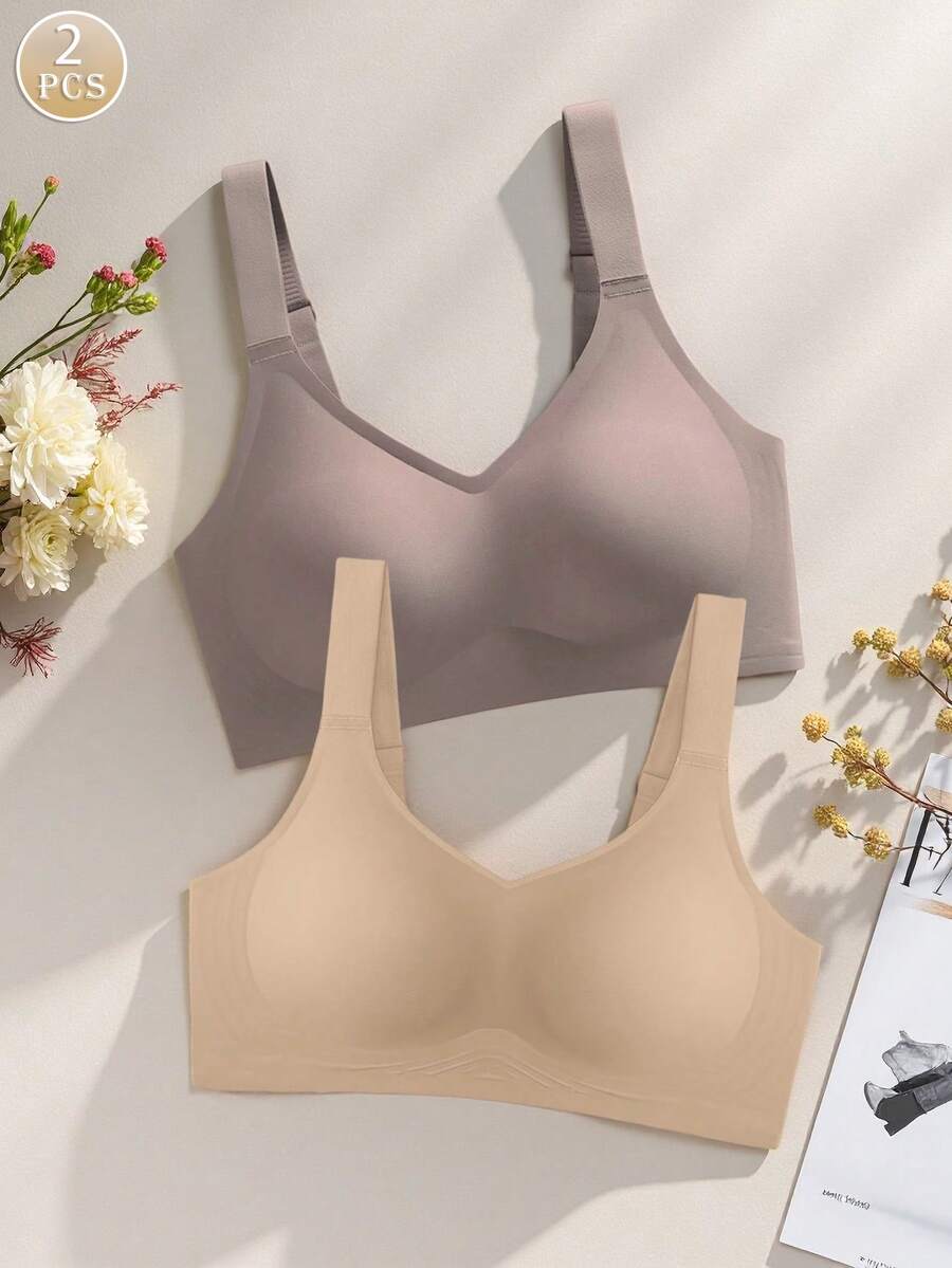 Set de 2 sujetadores deportivos minimalistas y cómodos para mujeres, sin cables, de unicolor - Multicolor - Ver 1