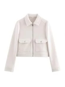 Chaqueta de tweed blanco para mujer con cremallera frontal y bolsillos, estilo de calle para otoño e invierno - Blanco - Ver 2