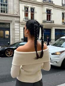 كنزة صوفية كاجوال قصيرة الكتف بلون أحادي مُنسوجة بطريقة الأضلاع للنساء هولوتشيل، موديل جديد خريف/شتاء 2025، عيد الميلاد