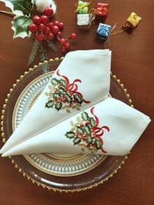1/2/4 Stücke elegante bestickte Servietten, bunte Weihnachtsstickerei, grüne Weihnachtsblätter, rote Schleifen, Dekoration, können als Schutz vor Öl und Schmutz verwendet werden, geeignet für Zuhause, Weihnachtsdekoration, Feiertags-Dekoration, Party-Dining, Hochzeit, Restaurant, Küche, Innen- und Außenbereich, Camping, usw. - Verschiedenfarbig - Übersicht 8