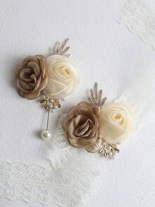 2pcs Elegant Rose Flower Boutonniere And Wrist Corsage Set, Suitable For Groom, Bride, Wedding Decoration, Party, Banquet