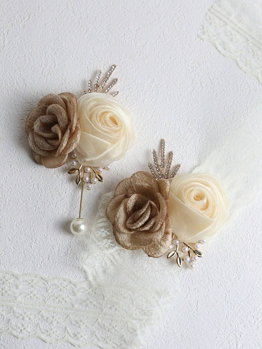 2pcs Elegant Rose Flower Boutonniere And Wrist Corsage Set, Suitable For Groom, Bride, Wedding Decoration, Party, Banquet