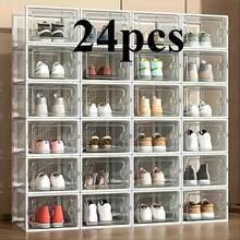 6/12/24pcs Thickened Transparent Shoe Boxes With Lid, Foldable Stackable Free Combination Shoe Rack, Plastic Sneaker Container, Space Saving Storage Organizer For Entryway, Bedroom, Home, Dorm - 白色 - 查看 1