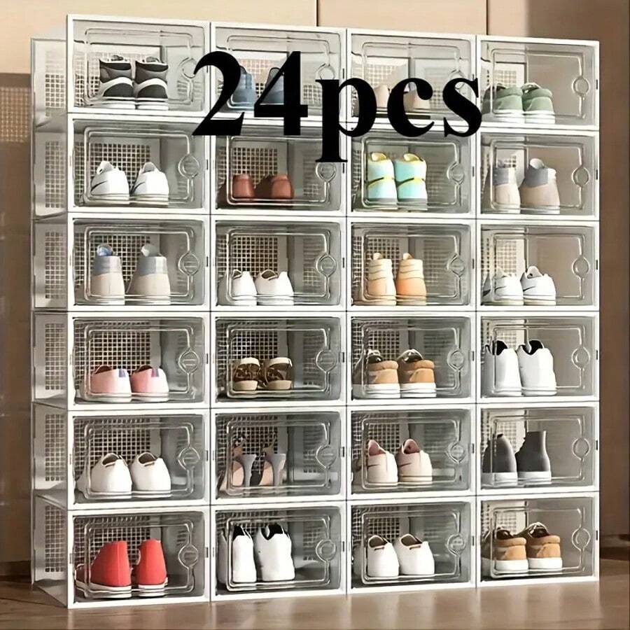 6/12/24pcs Thickened Transparent Shoe Boxes With Lid, Foldable Stackable Free Combination Shoe Rack, Plastic Sneaker Container, Space Saving Storage Organizer For Entryway, Bedroom, Home, Dorm - 白色 - 查看 1