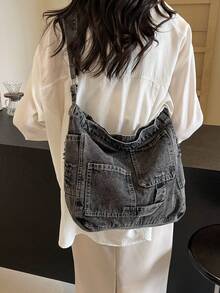 1pc Casual Retro Dark Grey Fabric Tote Bag, Large Capacity Multi-Pocket Shoulder Messenger Bag, Fashionable Unisex Zipper Closure Belt Buckle Stitching Fabric Handbag