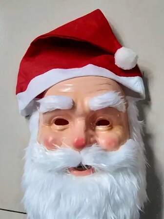 1 st vit skäggmask för jultomten - Julhuvudbonad med röd hatt, Unisex maskeradmask, Jultema, Julfesttillbehör, Juldekorationer