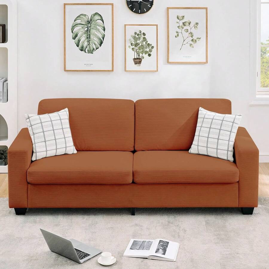 Sofá Moderno de Pana 83" para 3 Personas, Asiento Profundo, Reposabrazos Anchos, Fundas Lavables, Sillón Cómodo para Sala, Recámara o Espacios Pequeños, Naranja - Naranja - Ver 1