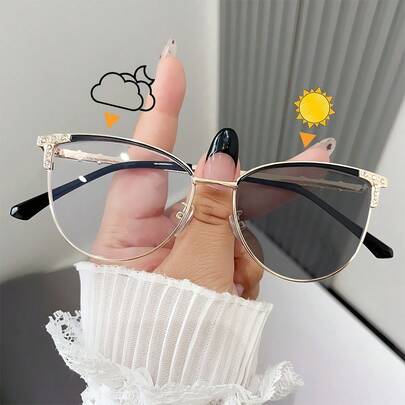 1pc Elegant Solid Color Copper Alloy High-End Luxury Colorful Women's Photochromic Rhinestone Decor Fashion Glasses