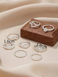 8 piezas Anillo con corazón & con diseño de estrella - Plateado - Ver 3