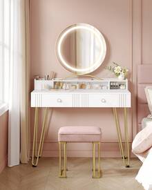 HEXCELEN Dressing Table With Stool And Lighting, Dressing Table With Mirror, 40 * 90 * 140 Cm, Dressing Tables With Drawers, Pink Upholstered Stool, Bedroom, Modern, Matte White And Gold - Phích cắm loại C của EU (220-240V) - Xem 2