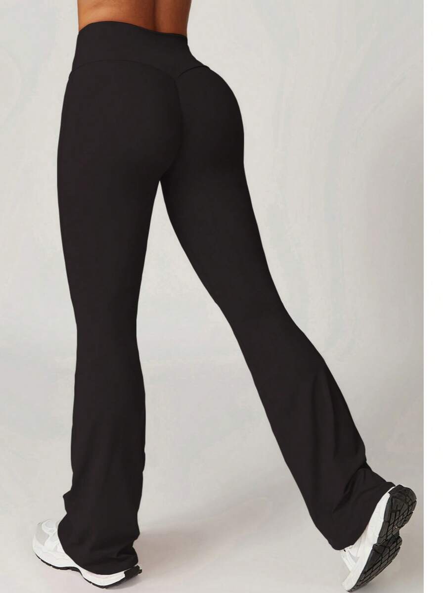 Women's Solid Color Butt Lifting Tight Pants, High Waist Fitness Leggings, Flared Sports Leggings - Black - View 1
