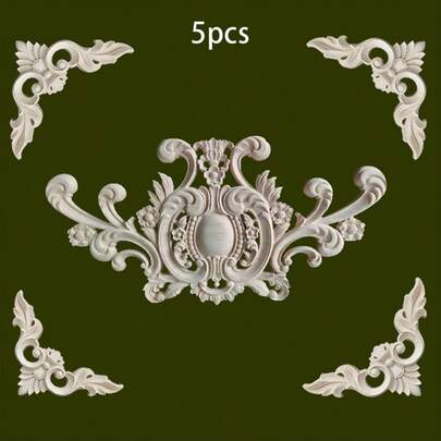 5pcs Vintage Wooden Carved Decorative Pieces, Unfinished Wood Carving Ornaments, Suitable For Decorating Cabinets, Doors, Furniture, Walls, Christmas, Halloween, Thanksgiving, Valentine's Day And Other DIY Decoration