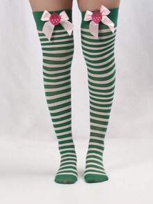 Christmas Strawberry Knee High Socks Green & White Striped Over The Knee Socks Women's Holiday Stocking - Red - View 1