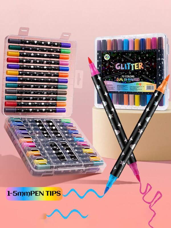 1 Set Of 12/24/36/48/60pcs Glitter Pens, Shiny Drawing Soft Tip Markers, Fine Tip Single Head Multi-Color DIY Painting Brushes, Drawing Art, Adult & Kids Coloring Glitter Pens, Multi-Color High-Quality Drawing Set, Exquisite Gift