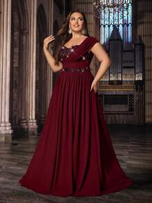 大码优雅纯色雪纺亮片拼接无肩带开衩长裙 - 酒紅色 - 查看 4