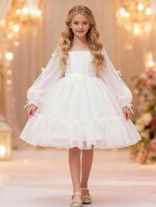 Tween Girls Long Sleeve Bow Baptism Bridesmaid Party Pageant Girls Evening Gown Elegant Fluffy Wedding Birthday Party Princess Girls Graduation Dress - White - View 1