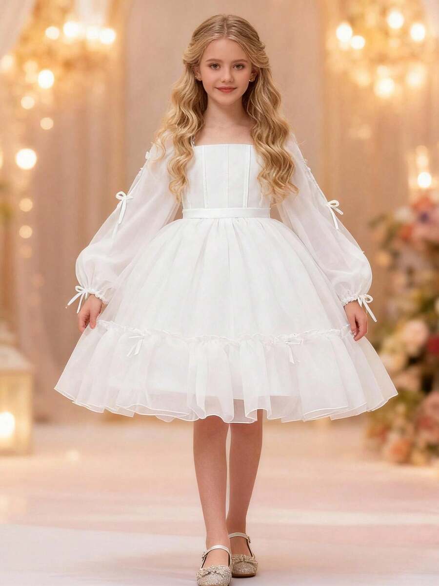 Tween Girls Long Sleeve Bow Baptism Bridesmaid Party Pageant Girls Evening Gown Elegant Fluffy Wedding Birthday Party Princess Girls Graduation Dress - White - View 1