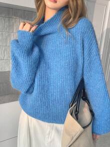 YIU Women's Fashion Blue Knit Pullover Sweater, Ribbed Knit Detail, Long Sleeve High Neck, Regular Length, Comfortable And Warm For Winter. - Blue - View 7