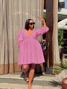 大码女式夏季连衣裙，可爱深V领性感迷你裙 - 粉色 - 查看 1
