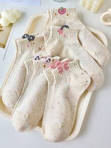 5 pares de calcetines cortos para mujer de color blanco y rosa con bordados florales y de moños, que absorben la humedad y son cómodos hasta el tobillo, adecuados para uso diario en primavera y verano