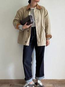 Autumn Winter Women's Single-Breasted Padded Jacket With Lapel Collar, Long Sleeve Pockets Loose Coat