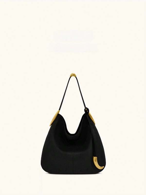[Gold Metal Decor] Black Faux Suede Hobo Bag | Adjustable Shoulder Strap Crescent Handbag | 30cm Commuter Capacity | Luxe Casual Tote Bag | Daily Outing & Date Bag