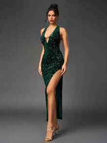 PARTHEA Deep V-Neck Backless Slit Thigh Sequin Velvet Maxi Dress - Green - View 5